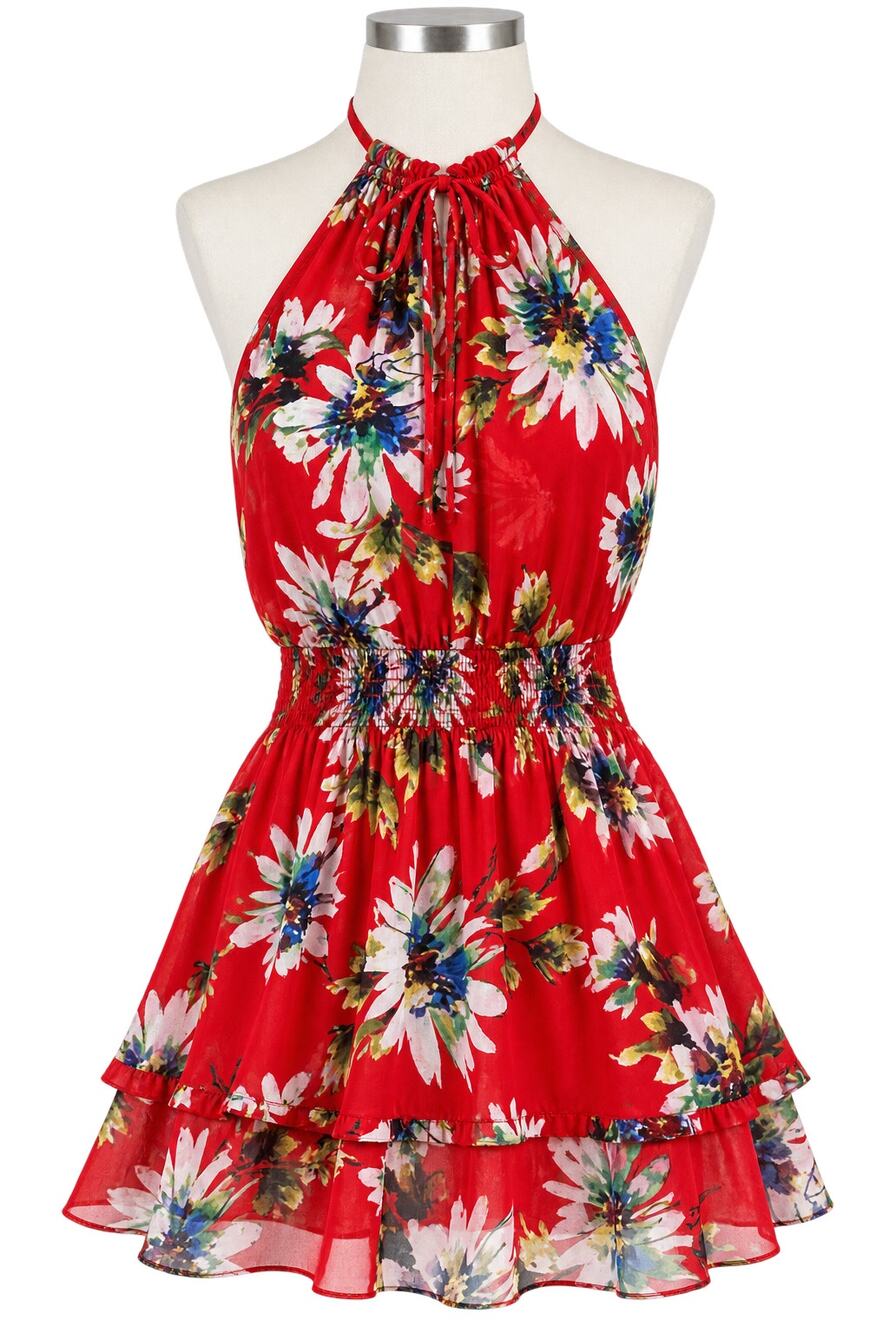 Miss Me Electric Floral Halter Red Smocked Ruffle Mini Dress - Size M - Y2K